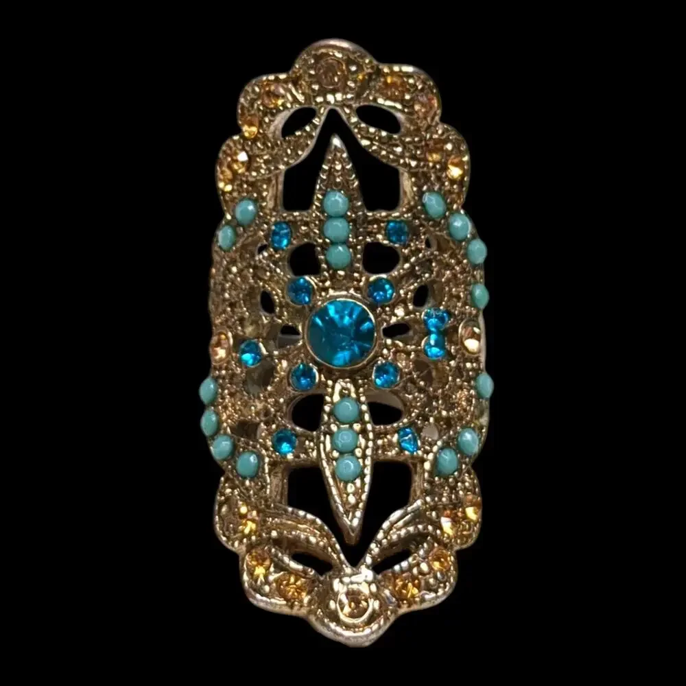 Vintage Silver Tone Blue/Teal & Yellow/Orange Rhinestones Pave Ring 6 Statement